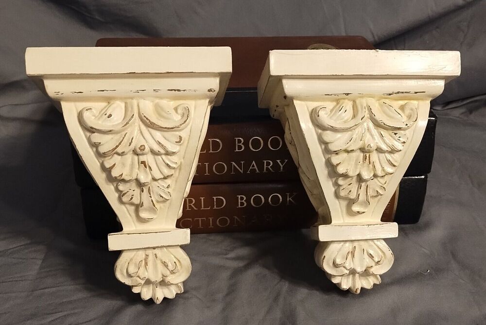 Pair of Decorative Resin Corbels Painted Antique White & Distressed